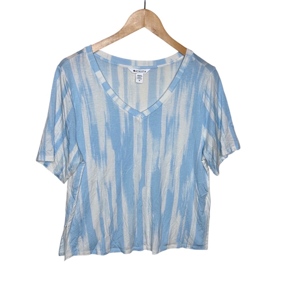 ATHLETA Blouse Womens Medium Top Short Sleeve White Blue